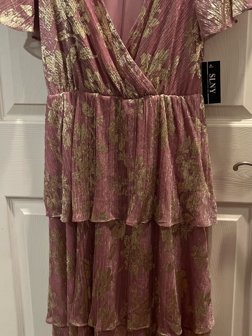 SLNY Rose Pink and Gold Metallic Floral Midi Dress